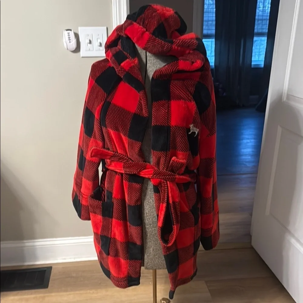 PINK Victoria’s Secret Red & Black Buffalo Plaid Sequin Dog Hooded Robe Sz. XS/S